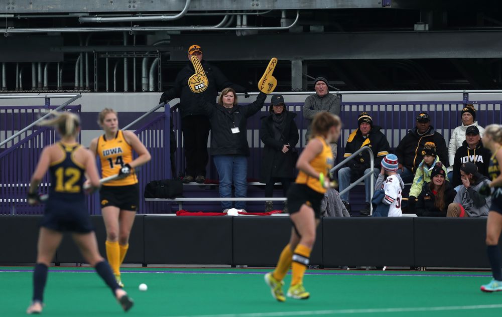 Fans of the Iowa Hawkeyes cheer on the team against the Michigan Wolverines in the semi-finals of the Big Ten Tournament Friday, November 2, 2018 at Lakeside Field on the campus of Northwestern University in Evanston, Ill. (Brian Ray/hawkeyesports.com)