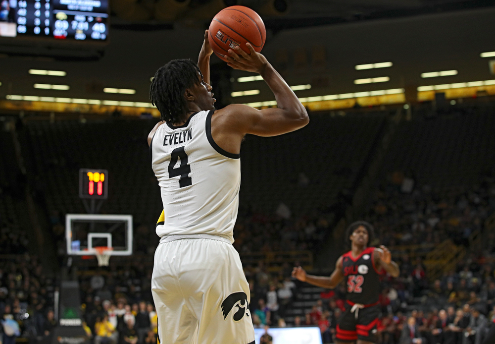 Iowa Hawkeyes guard Bakari Evelyn (4) makes a 3-pointer during the second half of their game at Carver-Hawkeye Arena in Iowa City on Friday, Nov 8, 2019. (Stephen Mally/hawkeyesports.com)