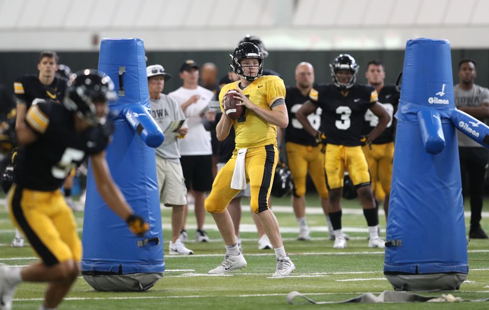 Iowa Hawkeyes quarterback Spencer Petras (7) during Fall Camp Practice No. 6 Thursday, August 8, 2019 at the Ronald D. and Margaret L. Kenyon Football Practice Facility. (Brian Ray/hawkeyesports.com)