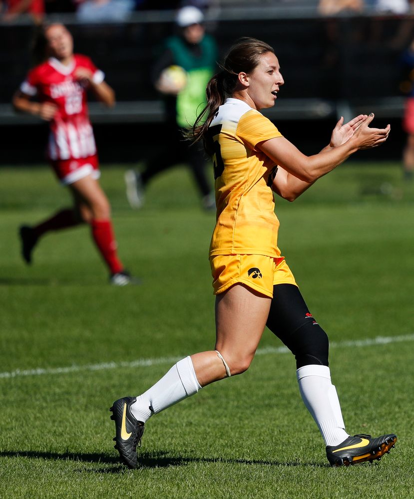 Iowa Hawkeyes forward Rose Ripslinger (15) celebrates after scoring a goal during a game against Indiana at the Iowa Soccer Complex on September 23, 2018. (Tork Mason/hawkeyesports.com)