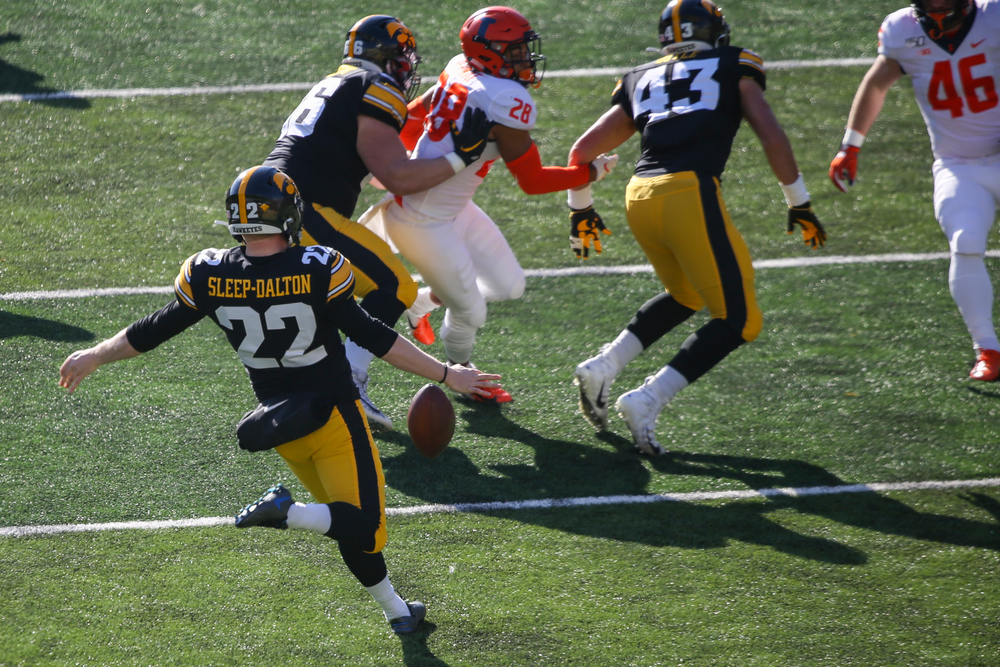 Iowa Hawkeyes punter Michael Sleep-Dalton (22) during Iowa football vs Illinois on Saturday, November 23, 2019 at Kinnick Stadium. (Lily Smith/hawkeyesports.com)