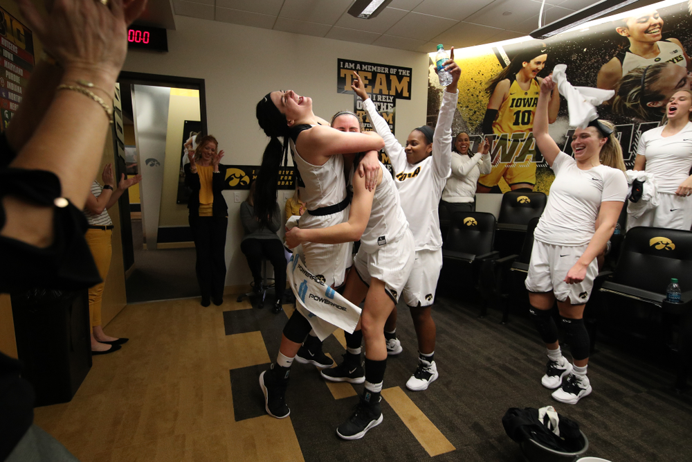 Iowa Hawkeyes forward Megan Gustafson (10) and forward Hannah Stewart (21) against the Rutgers Scarlet Knights Wednesday, January 23, 2019 at Carver-Hawkeye Arena. (Brian Ray/hawkeyesports.com)