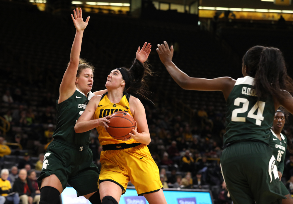 Iowa Hawkeyes forward Megan Gustafson (10) against the Michigan State Spartans Thursday, February 7, 2019 at Carver-Hawkeye Arena. (Brian Ray/hawkeyesports.com)