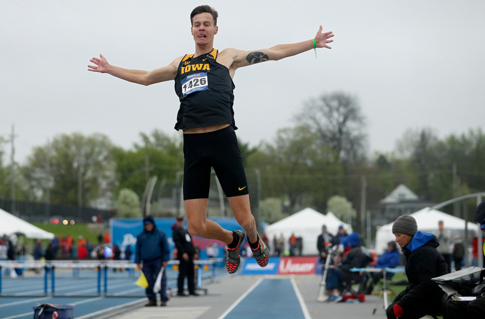 Iowa's Cooper Koenig jumps in the men's long jump event during the third day of the Drake Relays at Drake Stadium in Des Moines on Saturday, Apr. 27, 2019. (Stephen Mally/hawkeyesports.com)