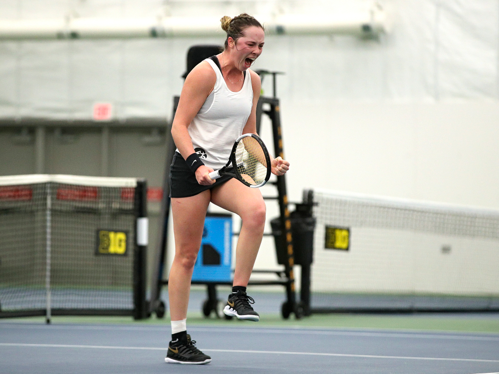 Iowa’s Samantha Mannix celebrates a point during her singles match at the Hawkeye Tennis and Recreation Complex in Iowa City on Sunday, February 23, 2020. (Stephen Mally/hawkeyesports.com)