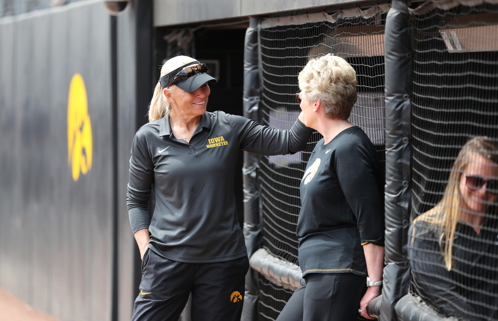 Head Coach Renee Gillispie and deputy athletics director Barbara Burke against the Ohio State Buckeyes on senior day Sunday, May 5, 2019 at Pearl Field. (Brian Ray/hawkeyesports.com)