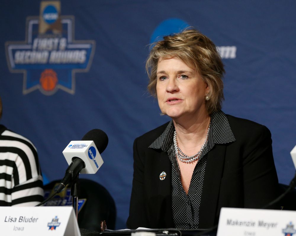 Iowa Hawkeyes head coach Lisa Bluder gives an opening statement during a press conference after winning their second round game in the 2019 NCAA Women's Basketball Tournament at Carver Hawkeye Arena in Iowa City on Sunday, Mar. 24, 2019. (Stephen Mally for hawkeyesports.com)