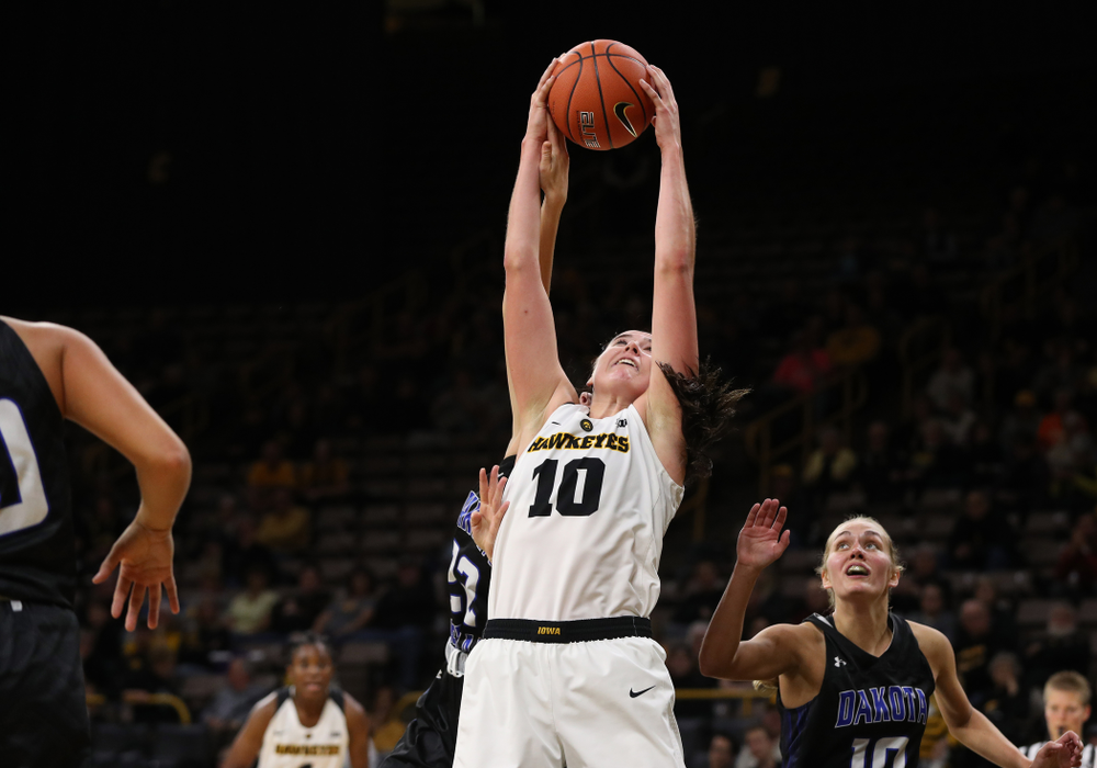 Iowa Hawkeyes forward Megan Gustafson (10) against Dakota Wesleyan University Tuesday, November 6, 2018 at Carver-Hawkeye Arena. (Brian Ray/hawkeyesports.com)