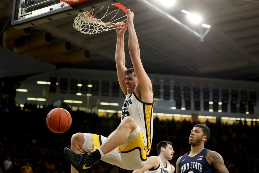 Iowa Hawkeyes forward Luka Garza (55) dunks the ball against Penn State Saturday, February 29, 2020 at Carver-Hawkeye Arena. (Brian Ray/hawkeyesports.com)