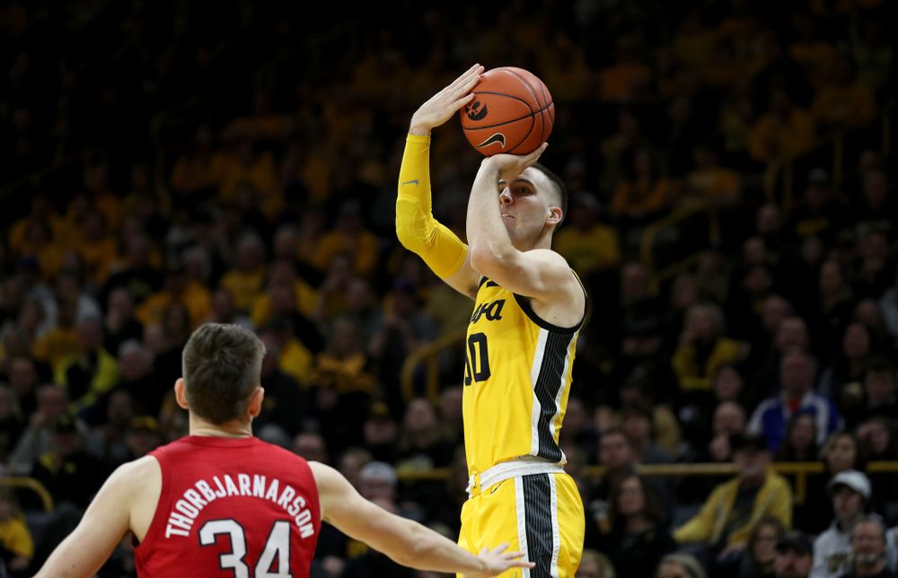 Iowa Hawkeyes guard Connor McCaffery (30) against the Nebraska Cornhuskers Saturday, February 8, 2020 at Carver-Hawkeye Arena. (Brian Ray/hawkeyesports.com)