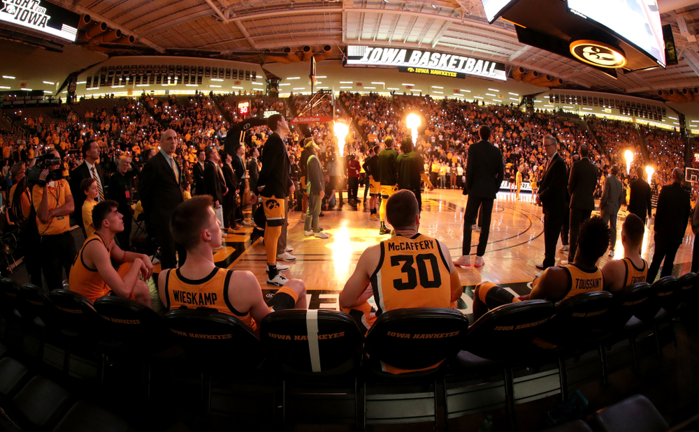 Iowa Hawkeyes forward Luka Garza (55), guard Joe Wieskamp (10), guard Connor McCaffery (30), guard Joe Toussaint (1), and guard CJ Fredrick (5) against the Rutgers Scarlet Knights Wednesday, January 22, 2020 at Carver-Hawkeye Arena. (Brian Ray/hawkeyesports.com)