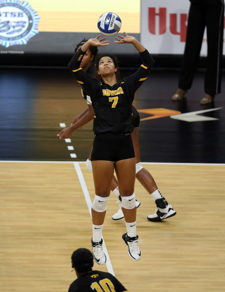 Iowa Hawkeyes setter Brie Orr (7) against the Iowa State Cyclones Saturday, September 21, 2019 at Carver-Hawkeye Arena. (Brian Ray/hawkeyesports.com)