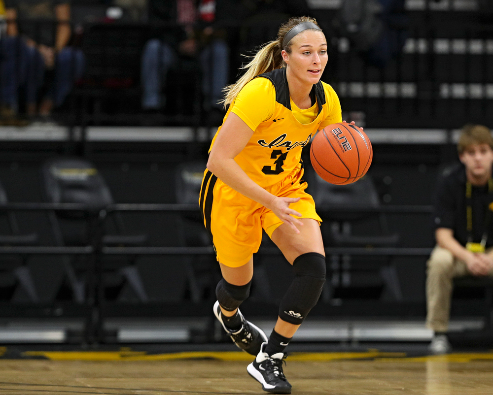 Iowa guard Makenzie Meyer (3) brings the ball down court during the first quarter of their game against Winona State at Carver-Hawkeye Arena in Iowa City on Sunday, Nov 3, 2019. (Stephen Mally/hawkeyesports.com)