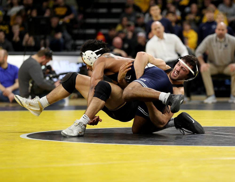 Iowa’s Michael Kemerer wrestles Penn State’s Mark Hall at 174 pounds Friday, January 31, 2020 at Carver-Hawkeye Arena. Kemerer won the match 11-6. (Brian Ray/hawkeyesports.com)