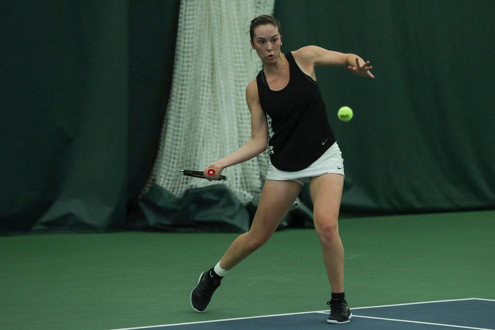 Iowa’s Samantha Mannix returns a hit during the Iowa women’s tennis meet vs DePaul on Friday, February 21, 2020 at the Hawkeye Tennis and Recreation Complex. (Lily Smith/hawkeyesports.com)