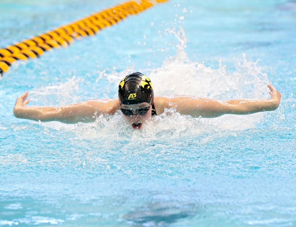 Iowa’s Kelsey Drake swims the women’s 100 yard butterfly preliminary event during the 2020 Women’s Big Ten Swimming and Diving Championships at the Campus Recreation and Wellness Center in Iowa City on Friday, February 21, 2020. (Stephen Mally/hawkeyesports.com)