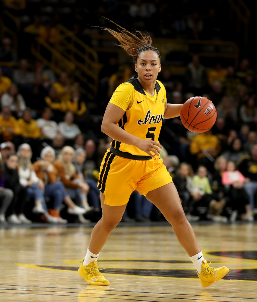 Iowa Hawkeyes guard Alexis Sevillian (5) against the Minnesota Golden Gophers Thursday, February 27, 2020 at Carver-Hawkeye Arena. (Brian Ray/hawkeyesports.com)