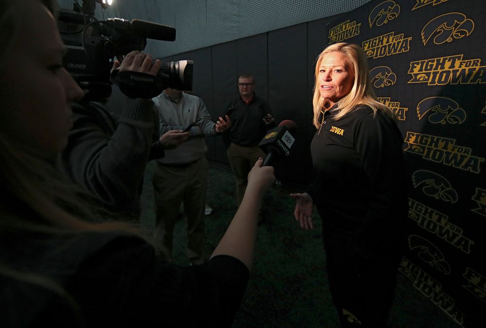 Iowa head coach Renee Gillispie answers questions during Iowa Softball Media Day at the Hawkeye Tennis and Recreation Complex in Iowa City on Thursday, January 30, 2020. (Stephen Mally/hawkeyesports.com)