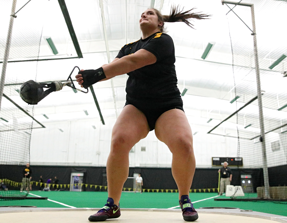 Iowa’s Jamie Kofron throws during the women’s weight throw event at the Hawkeye Tennis and Recreation Complex in Iowa City on Friday, January 31, 2020. (Stephen Mally/hawkeyesports.com)