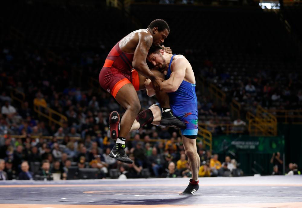 JÕden Cox during the gold medal match of the United World Wrestling Freestyle World Cup against Azerbaijan Sunday, April 8, 2018 at Carver-Hawkeye Arena. (Brian Ray/hawkeyesports.com)