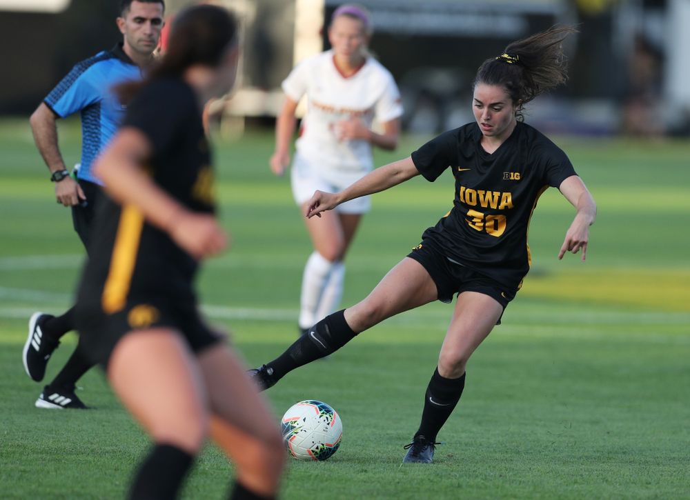 Iowa Hawkeyes forward Devin Burns (30) during a 2-1 victory over the Iowa State Cyclones Thursday, August 29, 2019 in the Iowa Corn Cy-Hawk series at the Iowa Soccer Complex. (Brian Ray/hawkeyesports.com)