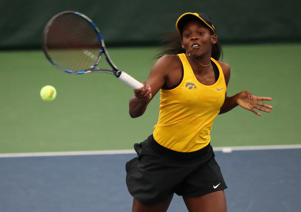 Adorabol Huckleby returns a shot in a singles match during the second day of the ITA Central Regional Championships at the Hawkeye Tennis and Recreation Complex on October 13, 2018. (Tork Mason/hawkeyesports.com)