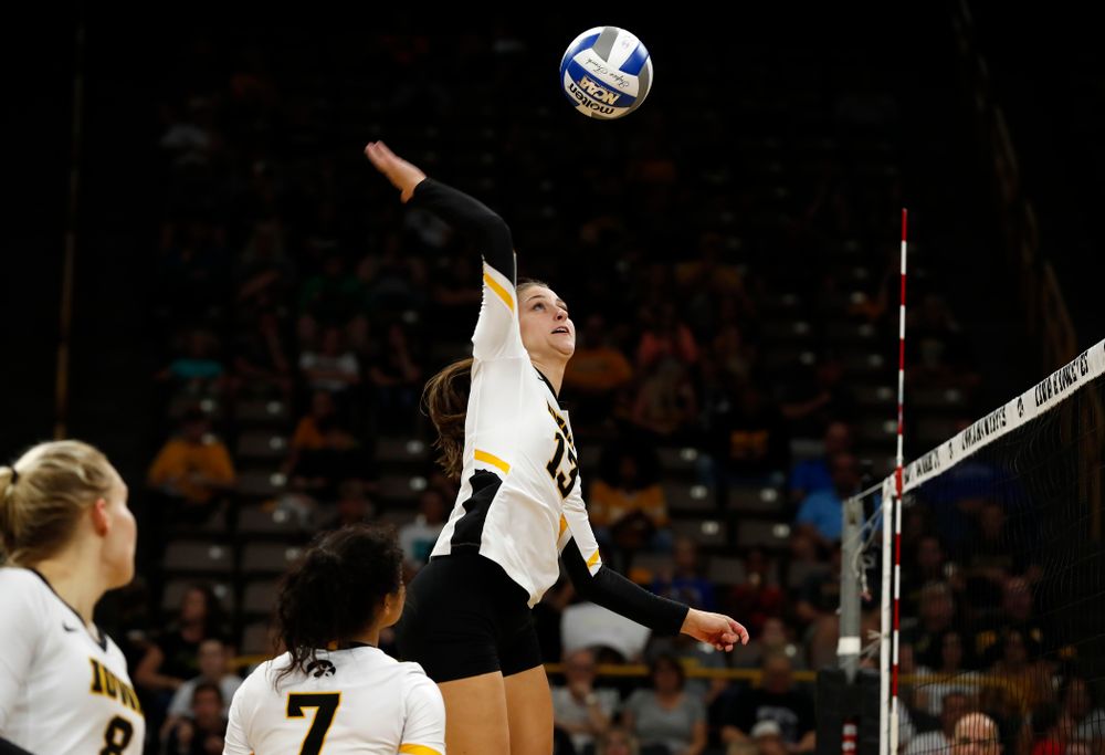 Iowa Hawkeyes middle blocker Sarah Wing (13) against Eastern Illinois Sunday, September 9, 2018 at Carver-Hawkeye Arena. (Brian Ray/hawkeyesports.com)