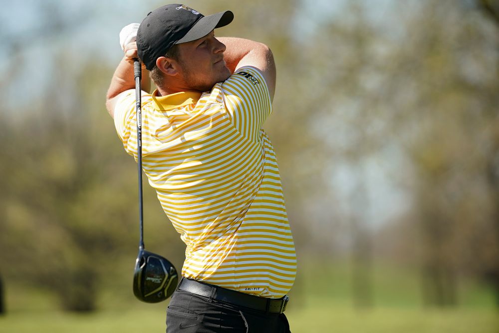 Iowa's Alex Schaake tees off during the third round of the Hawkeye Invitational at Finkbine Golf Course in Iowa City on Sunday, Apr. 21, 2019. (Stephen Mally/hawkeyesports.com)