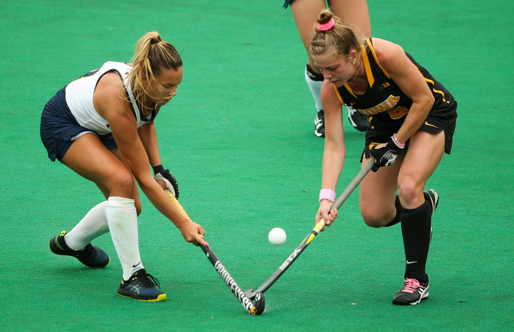 Iowa Hawkeyes midfielder Nikki Freeman (8) fights for possession during a game against Michigan at Grant Field on October 5, 2018. (Tork Mason/hawkeyesports.com)