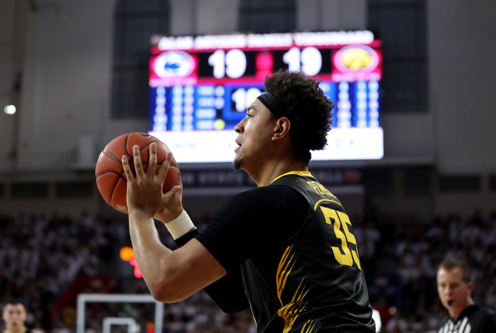 Iowa Hawkeyes forward Cordell Pemsl (35) against Penn State Saturday, January 4, 2020 at the Palestra in Philadelphia. (Brian Ray/hawkeyesports.com)