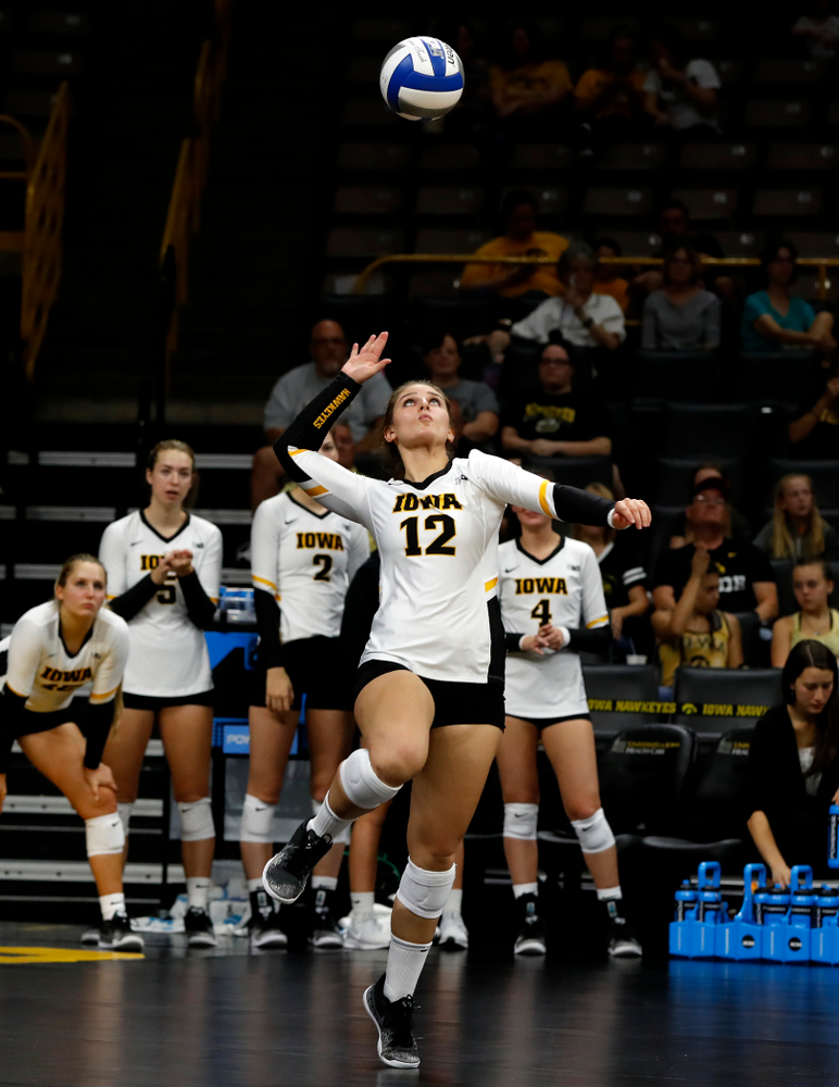 Iowa Hawkeyes defensive specialist Emily Bushman (12) against Eastern Illinois Sunday, September 9, 2018 at Carver-Hawkeye Arena. (Brian Ray/hawkeyesports.com)