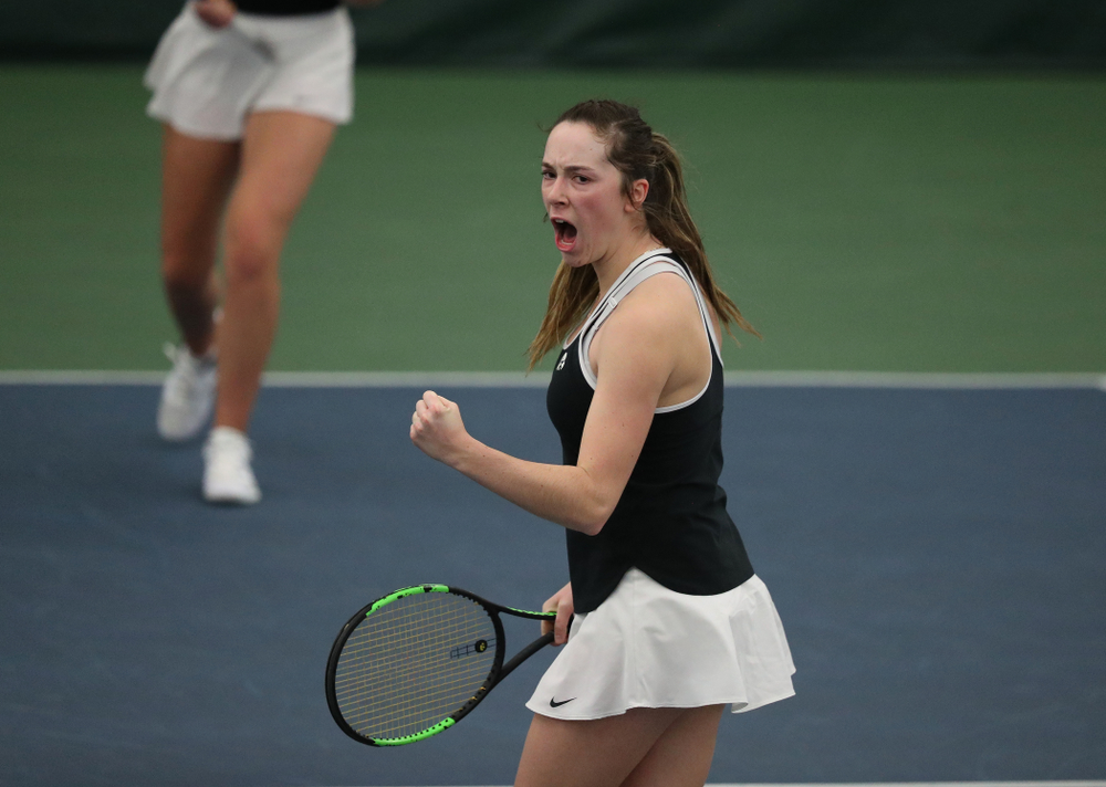 during a doubles match against North Texas Sunday, January 20, 2019 at the Hawkeye Tennis and Recreation Center. (Brian Ray/hawkeyesports.com)