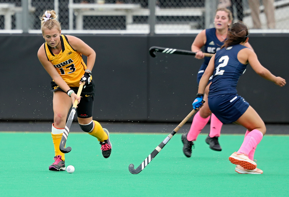 Iowa’s Leah Zellner (13) moves with the ball during the fourth quarter of their game against UC Davis at Grant Field in Iowa City on Sunday, Oct 6, 2019. (Stephen Mally/hawkeyesports.com)