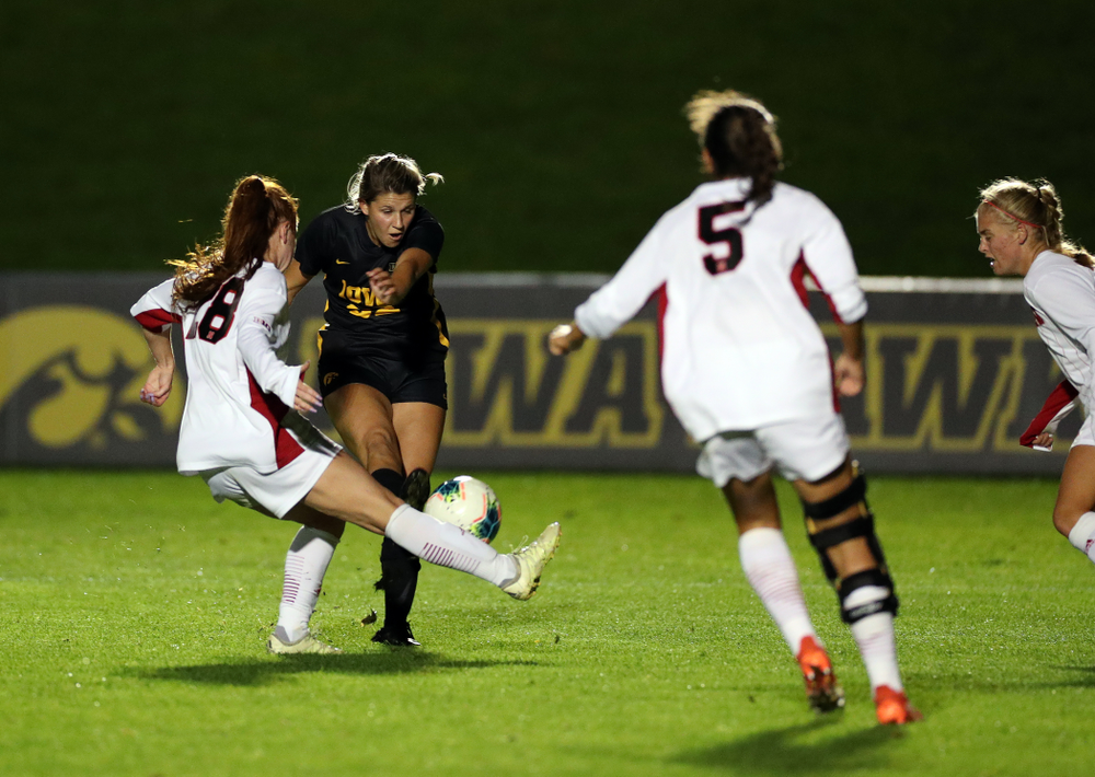 Iowa Hawkeyes forward Gianna Gourley (32) scores against the Nebraska Cornhuskers Thursday, October 3, 2019 at the Iowa Soccer Complex. (Brian Ray/hawkeyesports.com)