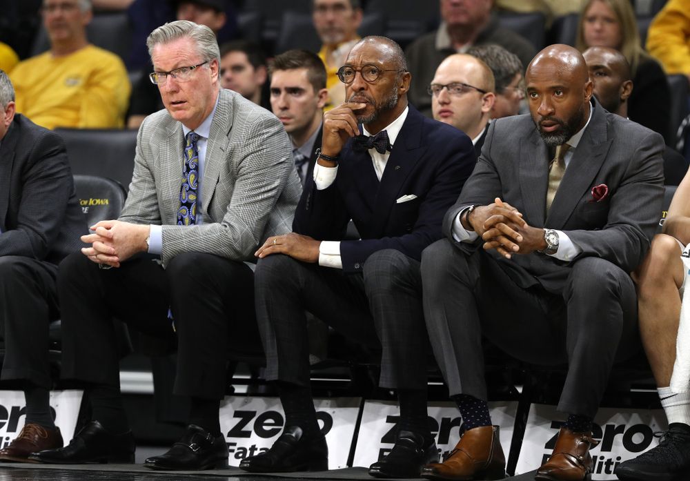 Iowa Hawkeyes head coach Fran McCaffery, assistant coach Sherman Dillard, and assistant coach Andrew Francis against UW Green Bay Sunday, November 11, 2018 at Carver-Hawkeye Arena. (Brian Ray/hawkeyesports.com)