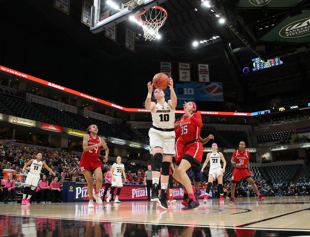 Iowa Hawkeyes forward Megan Gustafson (10) against the Rutgers Scarlet Knights in the semi-finals of the Big Ten Tournament Saturday, March 9, 2019 at Bankers Life Fieldhouse in Indianapolis, Ind. (Brian Ray/hawkeyesports.com)