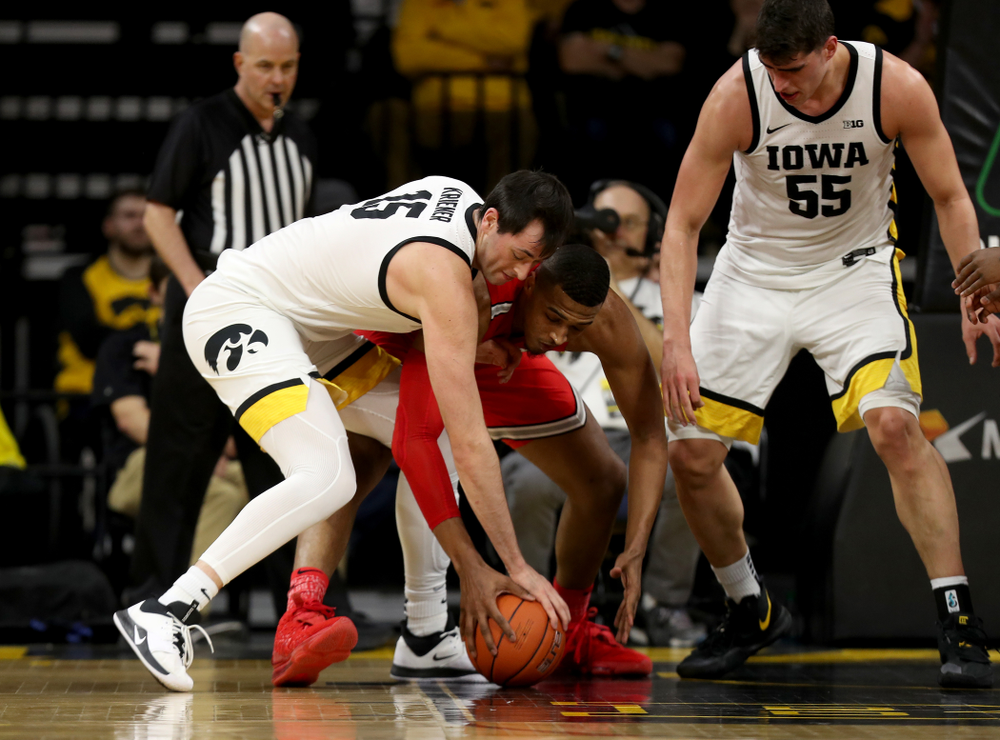 Iowa Hawkeyes forward Ryan Kriener (15) against the Ohio State Buckeyes Thursday, February 20, 2020 at Carver-Hawkeye Arena. (Brian Ray/hawkeyesports.com)