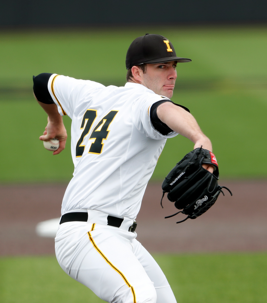 Iowa Hawkeyes pitcher Nick Allgeyer (24) during a double header against the Indiana Hoosiers Friday, March 23, 2018 at Duane Banks Field. (Brian Ray/hawkeyesports.com)