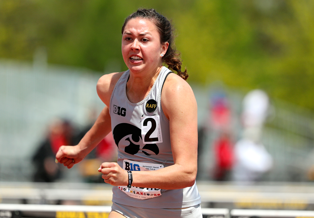 Iowa's Jenny Kimbro runs the 100 meter hurdles during the women's heptathlon event on the first day of the Big Ten Outdoor Track and Field Championships at Francis X. Cretzmeyer Track in Iowa City on Friday, May. 10, 2019. (Stephen Mally/hawkeyesports.com)
