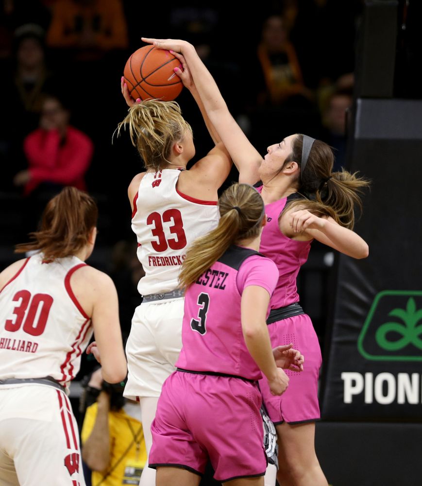 Iowa Hawkeyes forward McKenna Warnock (14) against the Wisconsin Badgers Sunday, February 16, 2020 at Carver-Hawkeye Arena. (Brian Ray/hawkeyesports.com)