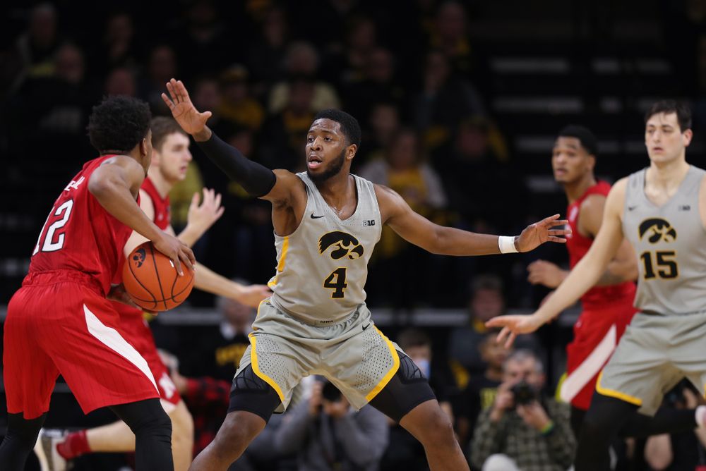 Iowa Hawkeyes guard Isaiah Moss (4) against the Nebraska Cornhuskers Sunday, January 6, 2019 at Carver-Hawkeye Arena. (Brian Ray/hawkeyesports.com)