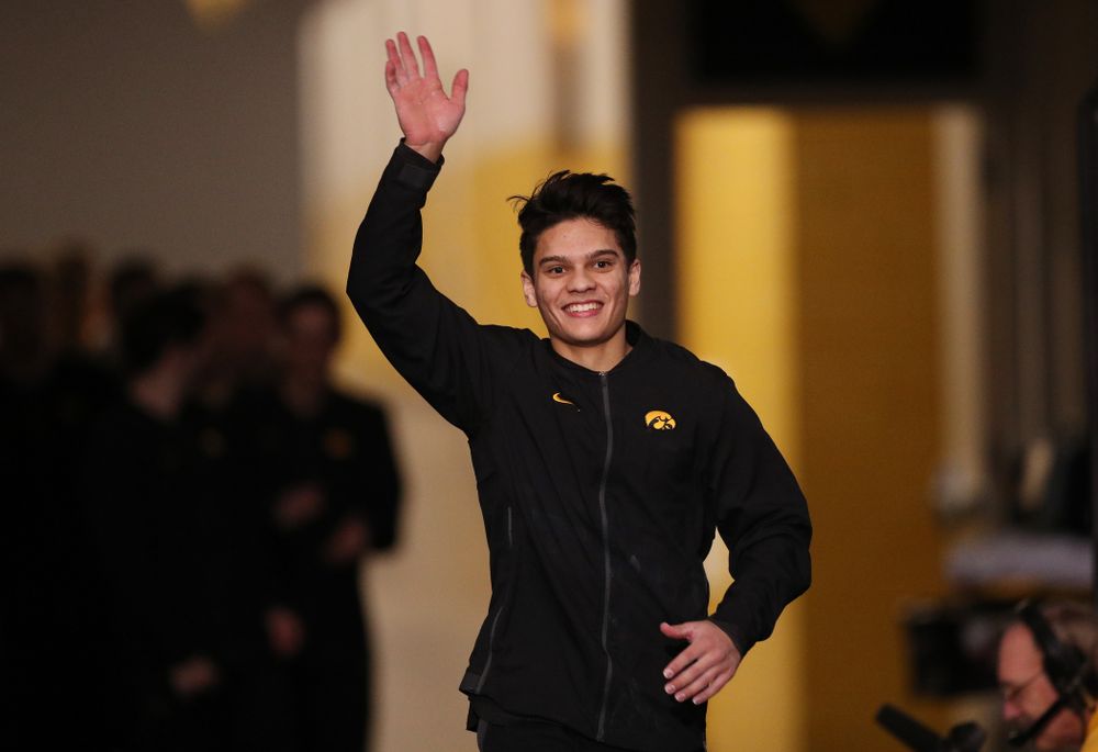 Iowa's Evan Davis is introduced before their meet against Oklahoma Saturday, February 9, 2019 at Carver-Hawkeye Arena. (Brian Ray/hawkeyesports.com)