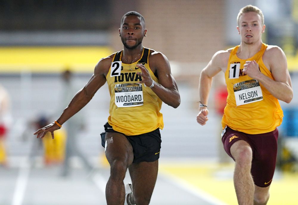 Iowa’s Antonio Woodard runs the men’s 60 meter dash premier preliminary event during the Larry Wieczorek Invitational at the Recreation Building in Iowa City on Saturday, January 18, 2020. (Stephen Mally/hawkeyesports.com)