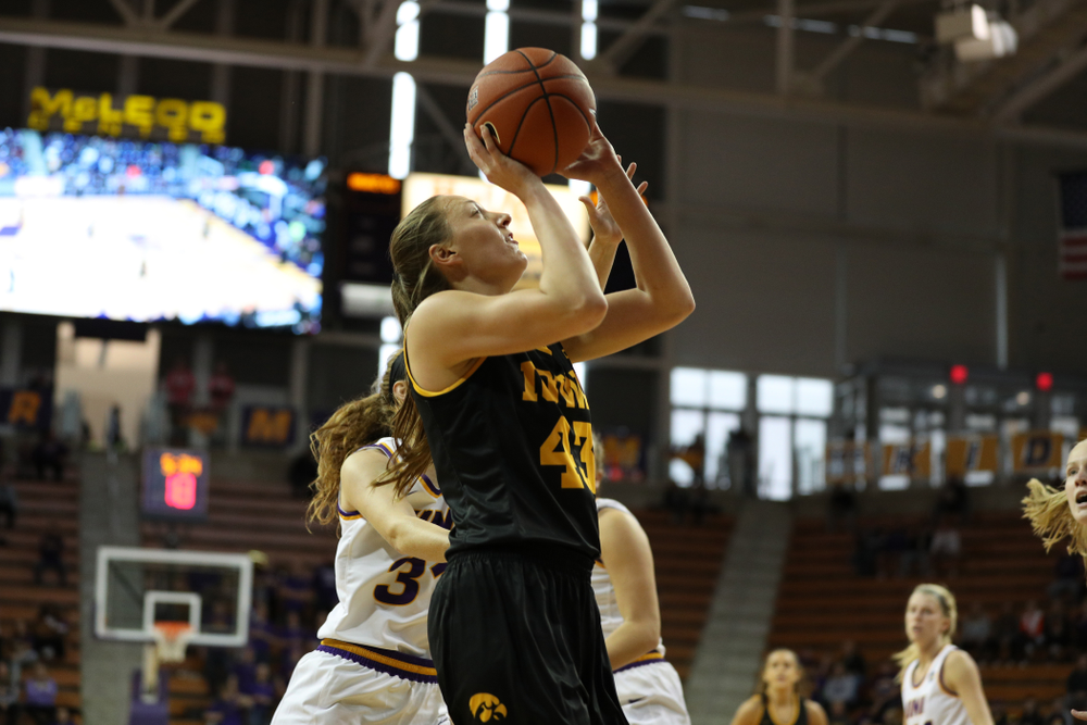 Iowa Hawkeyes forward Amanda Ollinger (43) against Northern Iowa Sunday, November 17, 2019 at the McLeod Center. (Brian Ray/hawkeyesports.com)