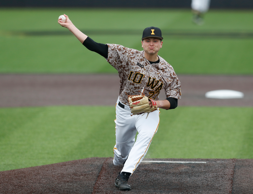 Iowa Hawkeyes pitcher Brady Schanuel (27) during a double header against the Indiana Hoosiers Friday, March 23, 2018 at Duane Banks Field. (Brian Ray/hawkeyesports.com)