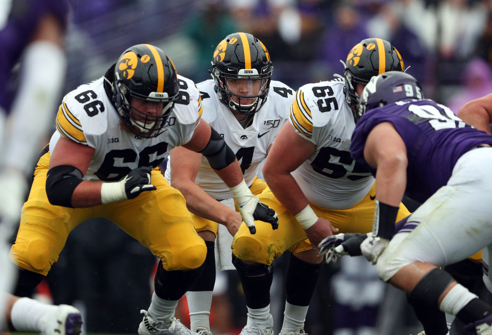 Iowa Hawkeyes quarterback Nate Stanley (4) against the Northwestern Wildcats Saturday, October 26, 2019 at Ryan Field in Evanston, Ill. (Brian Ray/hawkeyesports.com)