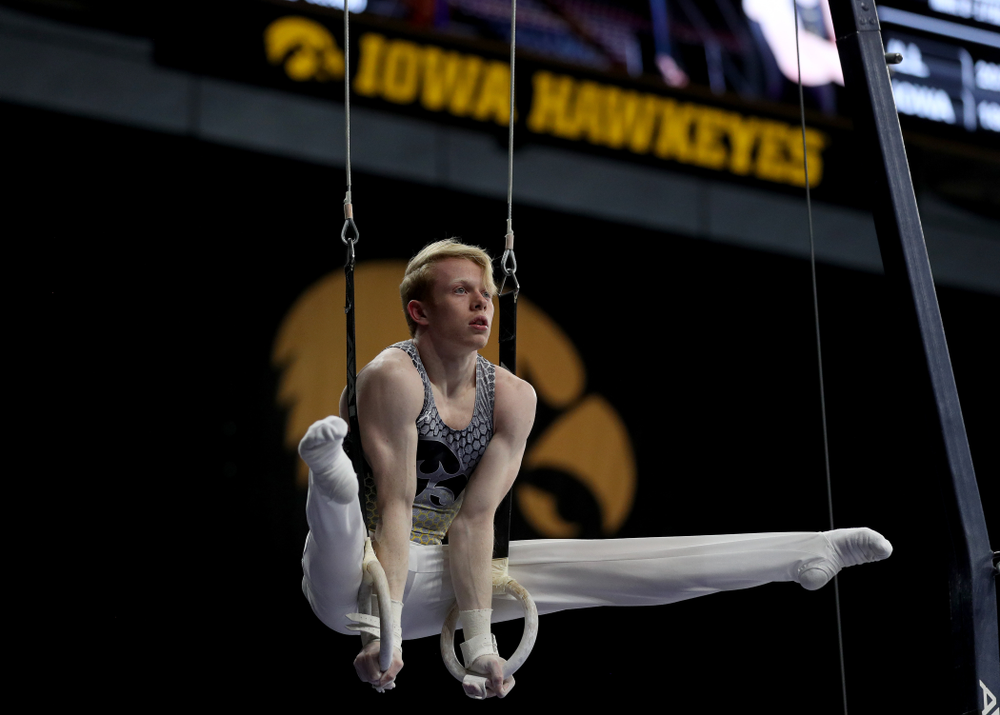 Iowa’s Nick Merryman competes on the rings against Illinois Sunday, March 1, 2020 at Carver-Hawkeye Arena. (Brian Ray/hawkeyesports.com)