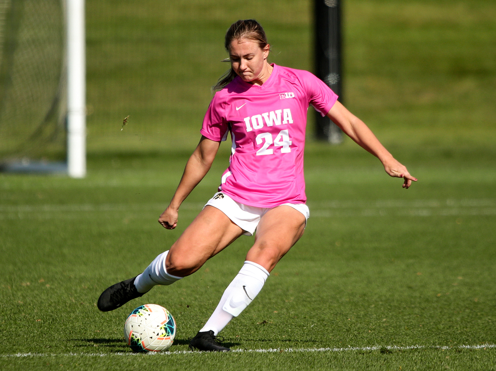 Iowa defender Sara Wheaton (24) lines up a shot during the first half of their match at the Iowa Soccer Complex in Iowa City on Sunday, Oct 27, 2019. (Stephen Mally/hawkeyesports.com)