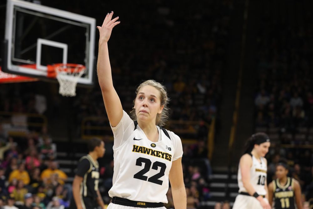 Iowa Hawkeyes guard Kathleen Doyle (22) celebrates their win against the Purdue Boilermakers Sunday, January 27, 2019 at Carver-Hawkeye Arena. (Brian Ray/hawkeyesports.com)