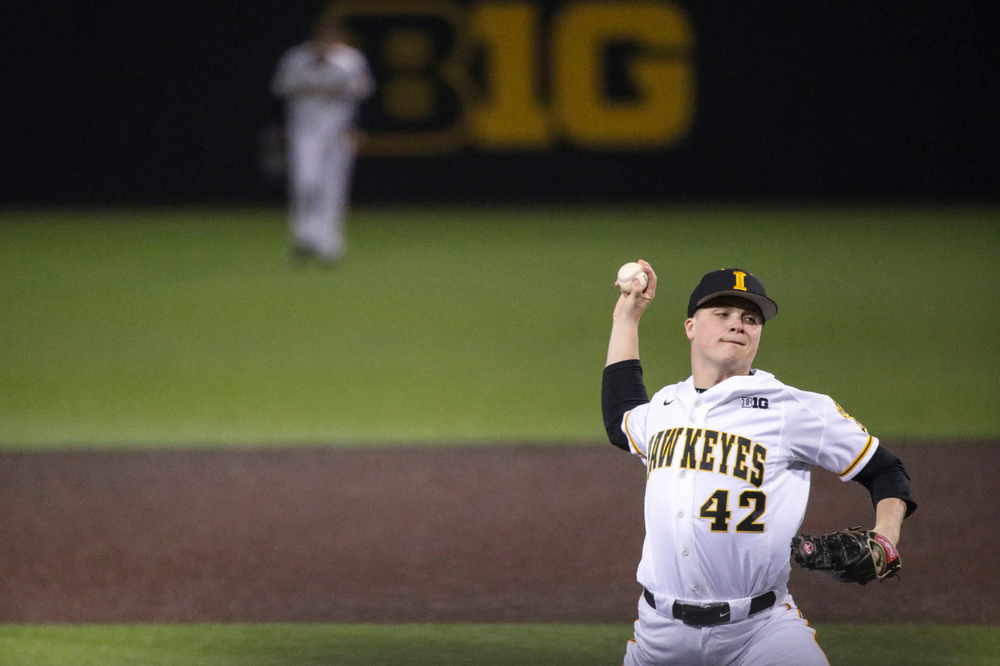 Iowa pitcher Trace Hoffman at game 1 vs Rutgers on Friday, April 5, 2019 at Duane Banks Field. (Lily Smith/hawkeyesports.com)